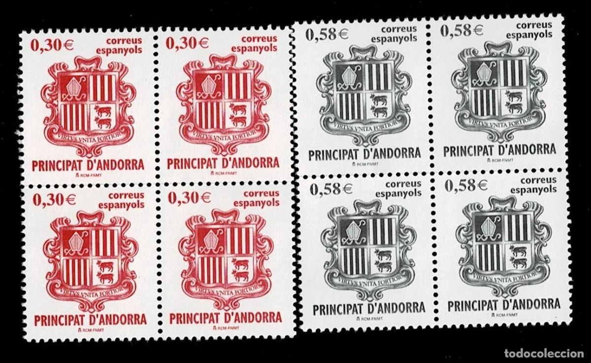 Sellos: ANDORRA ESPA&Ntilde;OLA. A&ntilde;o 2007. ESCUDOS Edifil n&ordm; 343-44 Bloque de 4