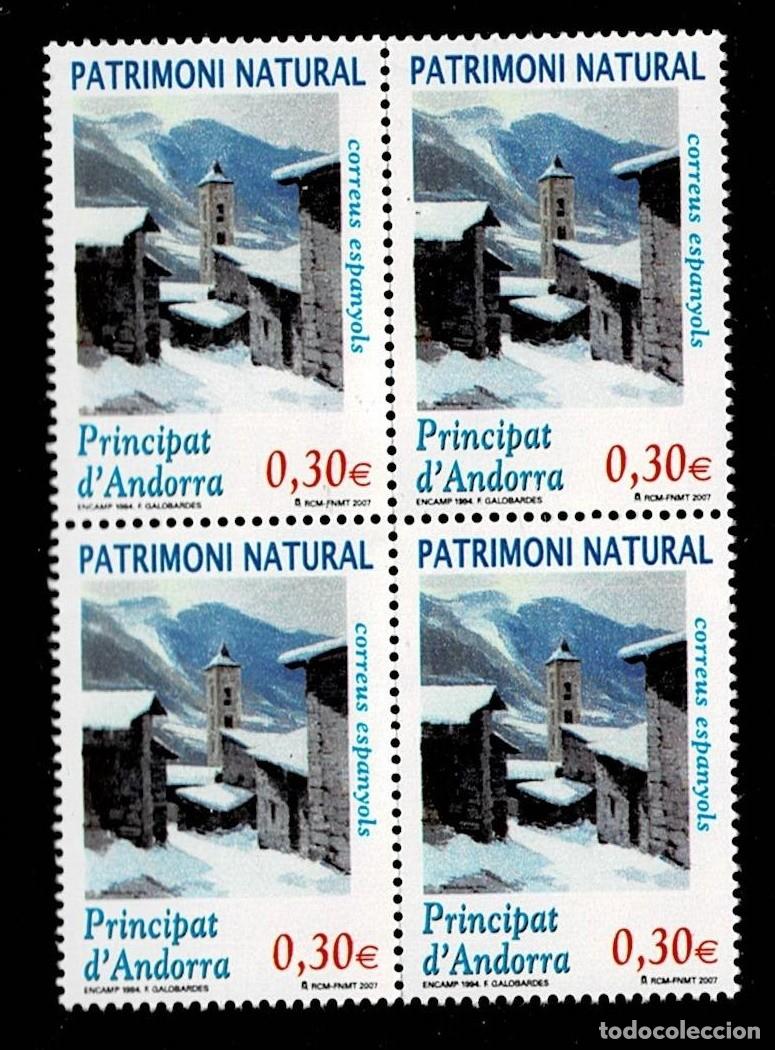 Sellos: ANDORRA ESPA&Ntilde;OLA. A&ntilde;o 2007. PATRIMONIO NATURAL Edifil n&ordm; 345 en Bloque de 4