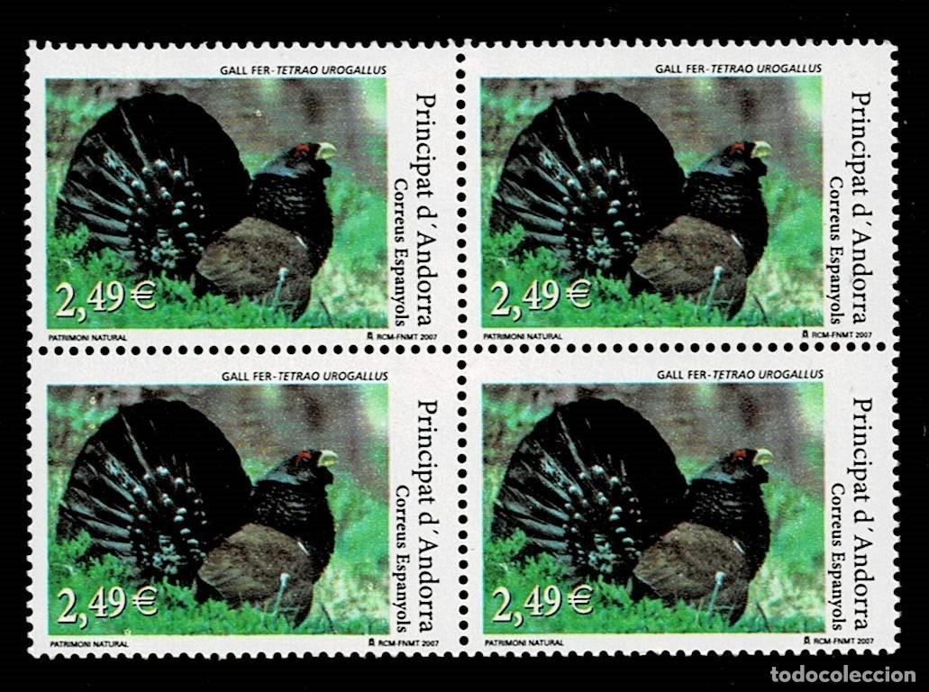 Sellos: ANDORRA ESPA&Ntilde;OLA. A&ntilde;o 2007. UROGALLO Edifil n&ordm; 348 Bloque de 4