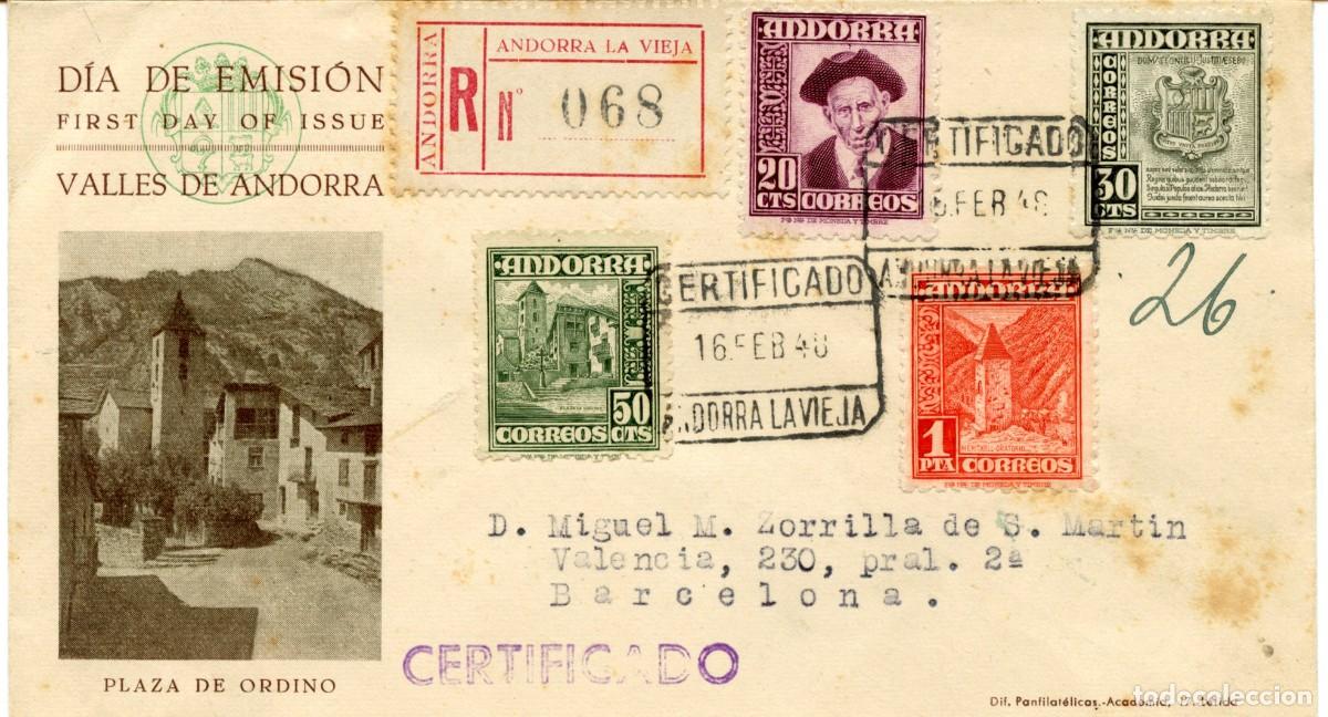 Sellos: ANDORRA. HISTORIA POSTAL MODERNA. CORRESPONDENCIA COMERCIAL. CERTIFICADO ANDORRA LA VIEJA 16.02.48