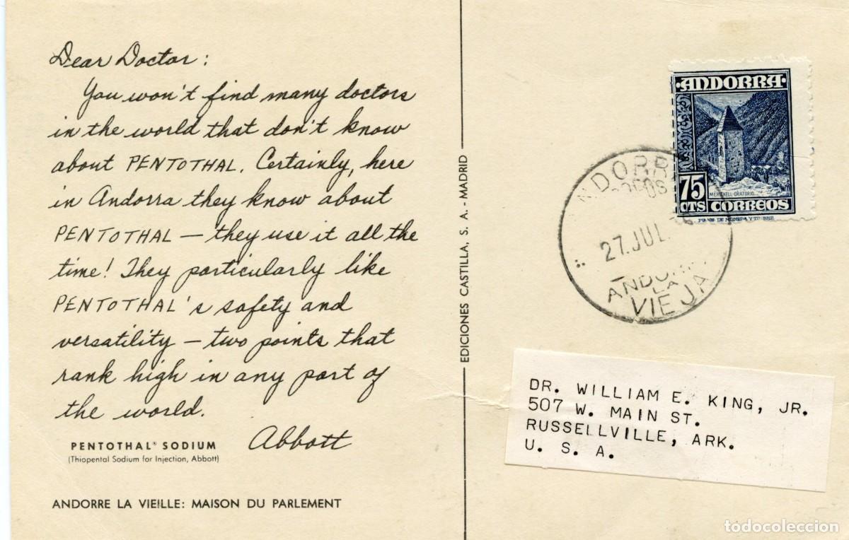 Sellos: ANDORRA. HISTORIA POSTAL MODERNA. CORRESPONDENCIA COMERCIAL. TARJETA ANDORRA LA VIEJA A USA 27.07.56