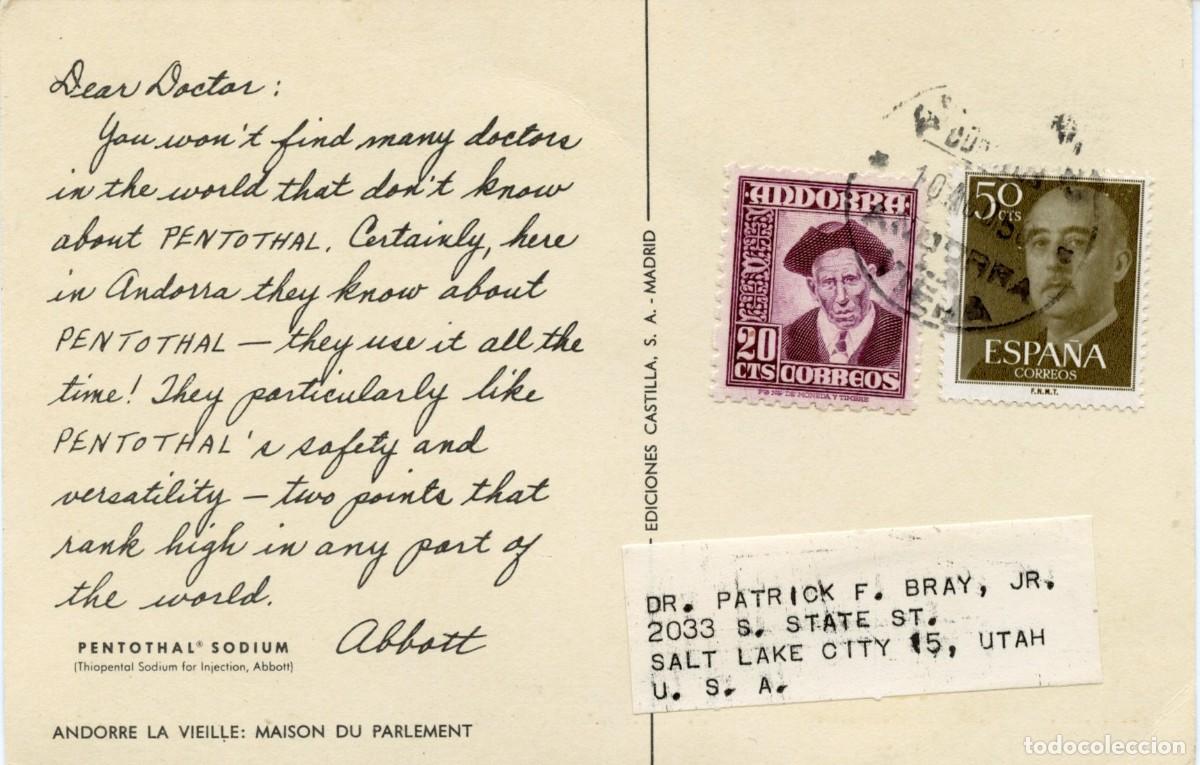 Sellos: ANDORRA. HISTORIA POSTAL MODERNA. CORRESPONDENCIA COMERCIAL. TARJETA ANDORRA LA VIEJA A USA 10.08.56
