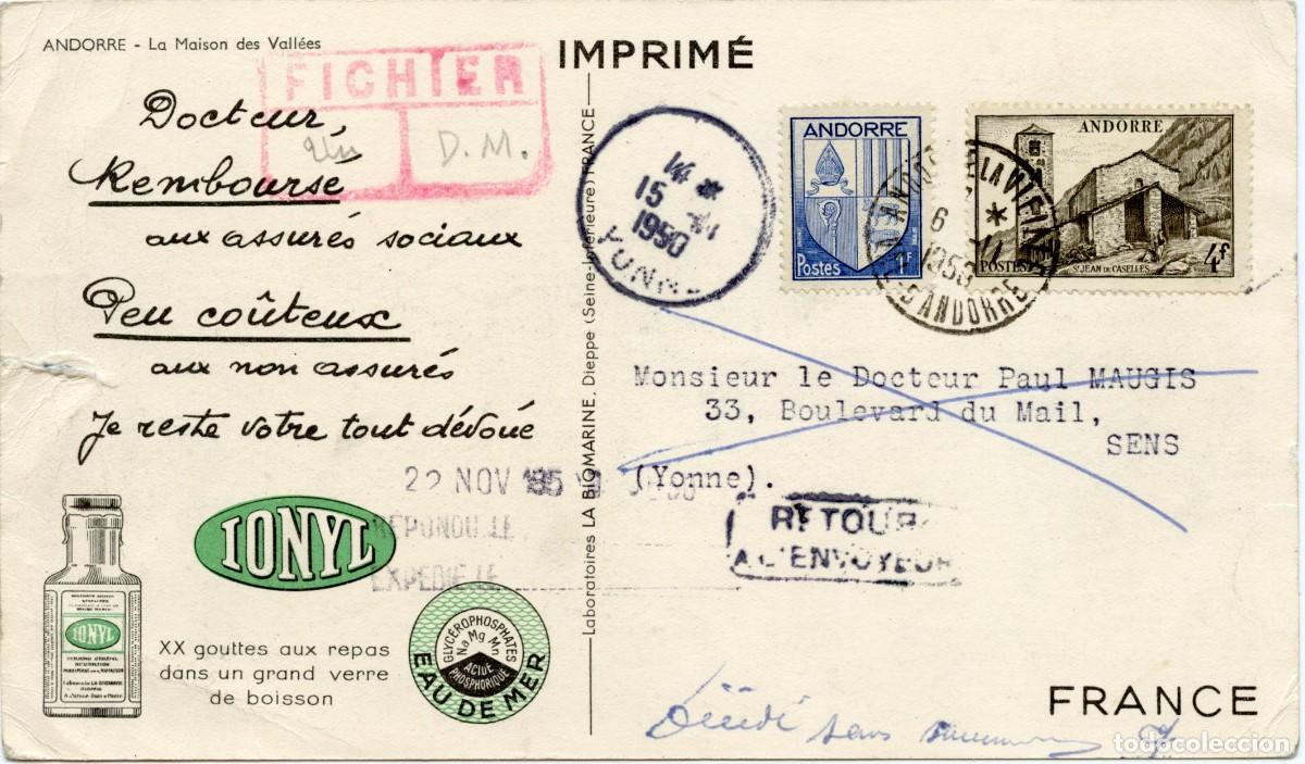 Sellos: ANDORRA. HISTORIA POSTAL MODERNA. CORRESPONDENCIA COMERCIAL. TARJETA ANDORRE LA VIEILLE 06.02.50