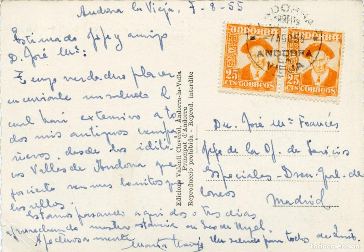Sellos: ANDORRA. H&ordf; POSTAL MODERNA. CORRESPONDENCIA COMERCIAL. TARJETA DE ANDORRA LA VIEJA A MADRID 07.08.55