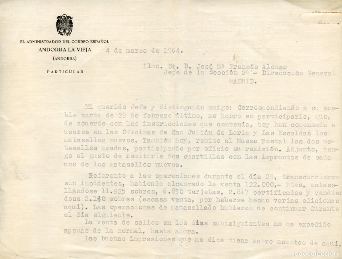Sellos: ANDORRA. H&ordf; POSTAL MODERNA. 2 IMPRONTAS DE NUEVOS MATASELLOS DE ANDORRA Y CARTA del ADMINISTRADOR