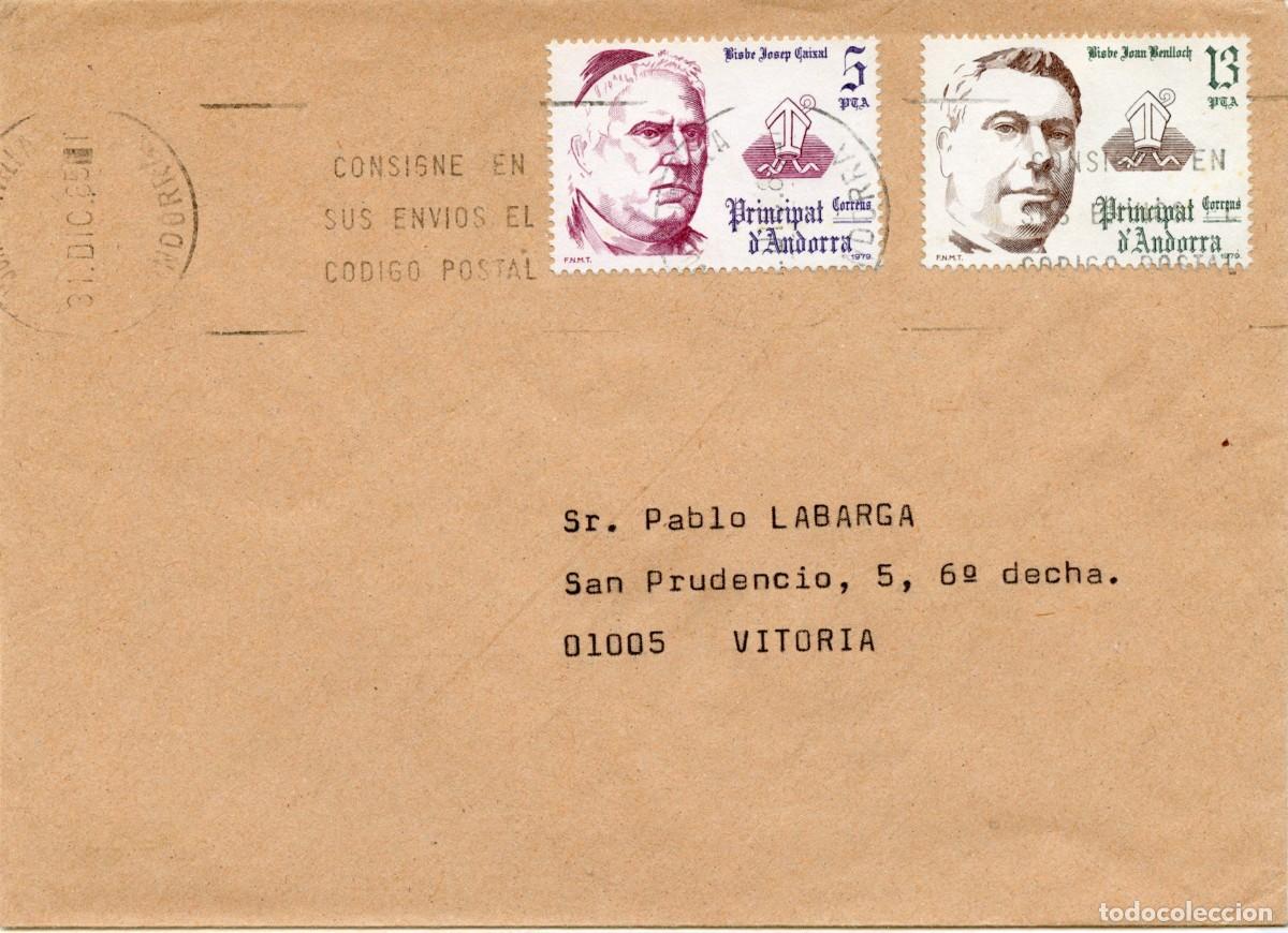 Sellos: ANDORRA. H&ordf; POSTAL MODERNA. SOBRE DE ANDORRA LA VELLA A VITORIA 31 DIC 85