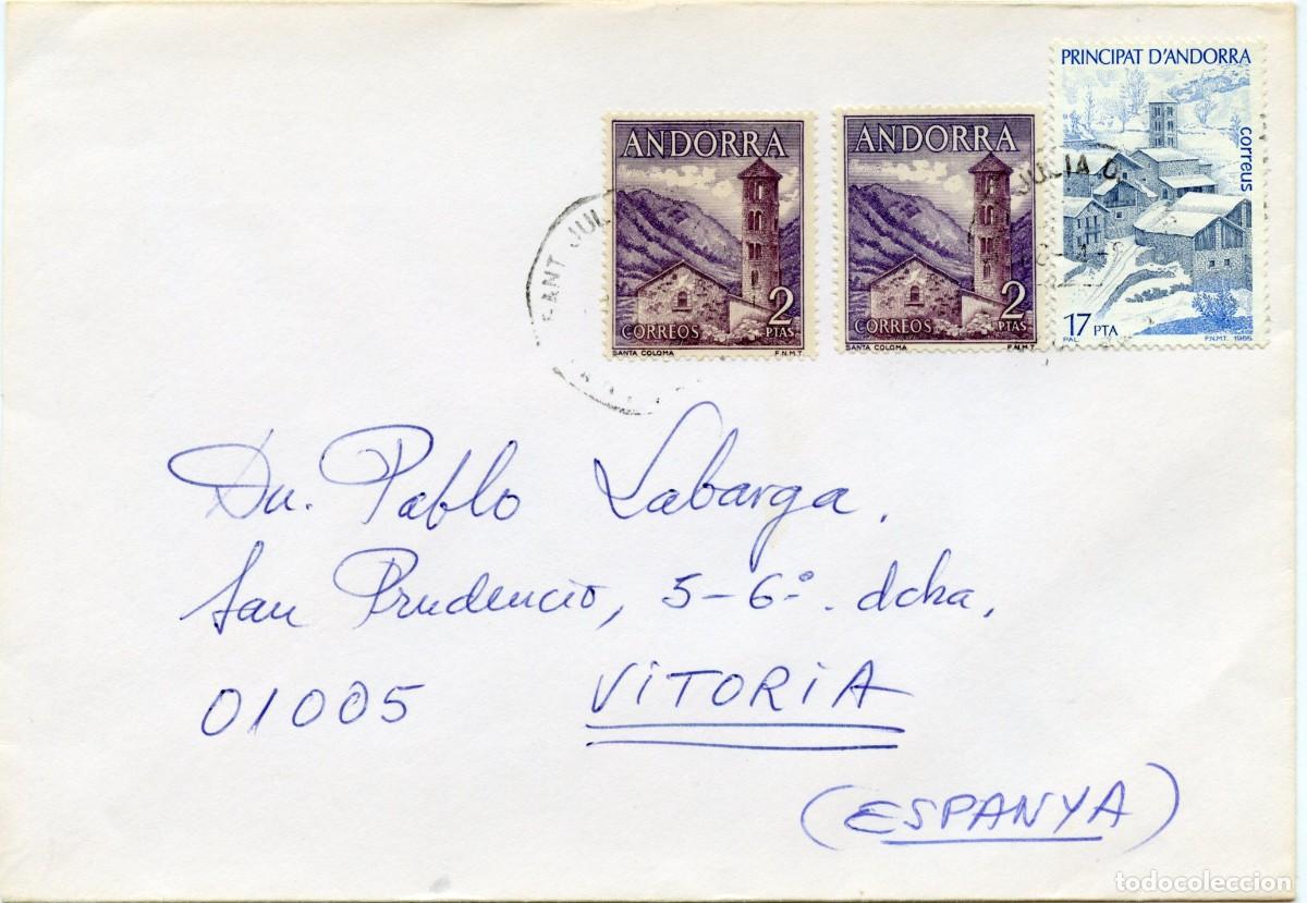 Sellos: ANDORRA. H&ordf; POSTAL MODERNA. SOBRE DE SANT JULI&Agrave; DE L&Ograve;RIA A VITORIA 1985
