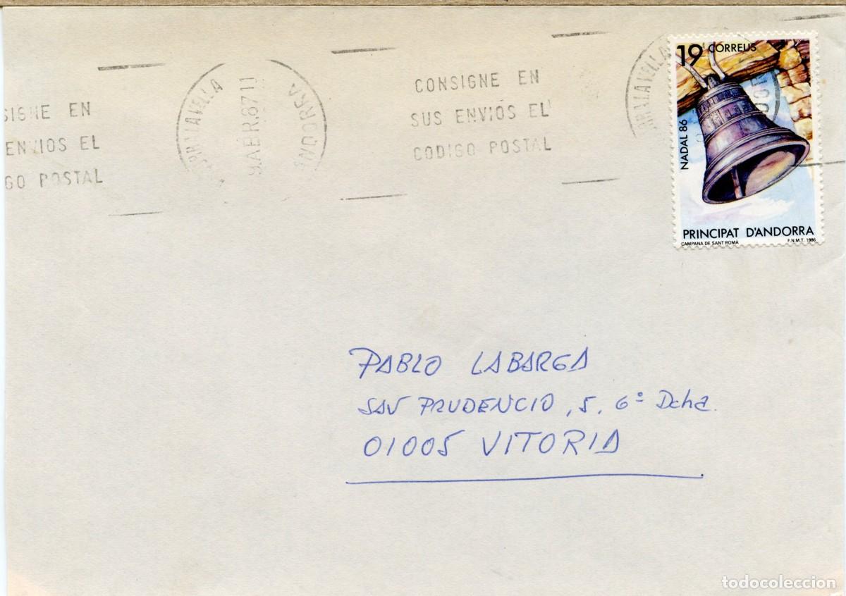 Sellos: ANDORRA. H&ordf; POSTAL MODERNA. SOBRE DE ANDORRA LA VELLA A VITORIA 9 ABR 87