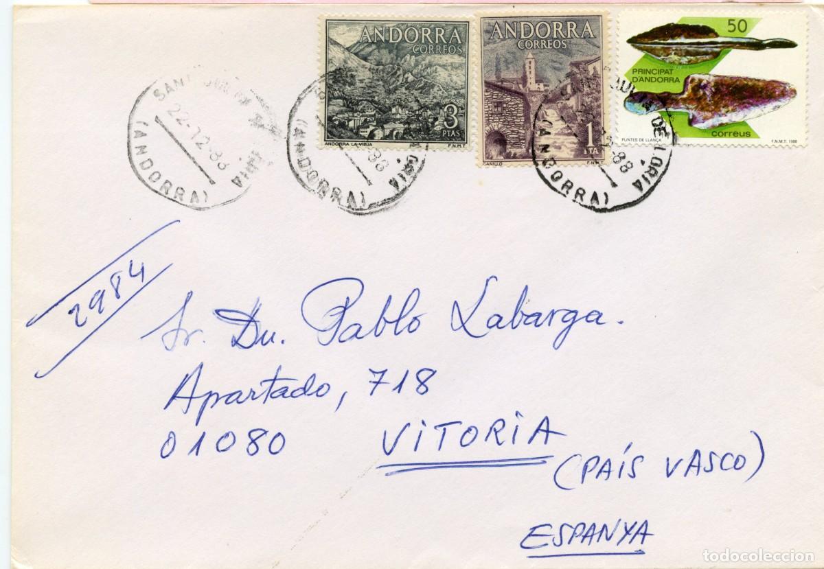 Sellos: ANDORRA. H&ordf; POSTAL MODERNA. SOBRE DE SANT JULI&Agrave; DE L&Ograve;RIA A VITORIA 22 DIC 88