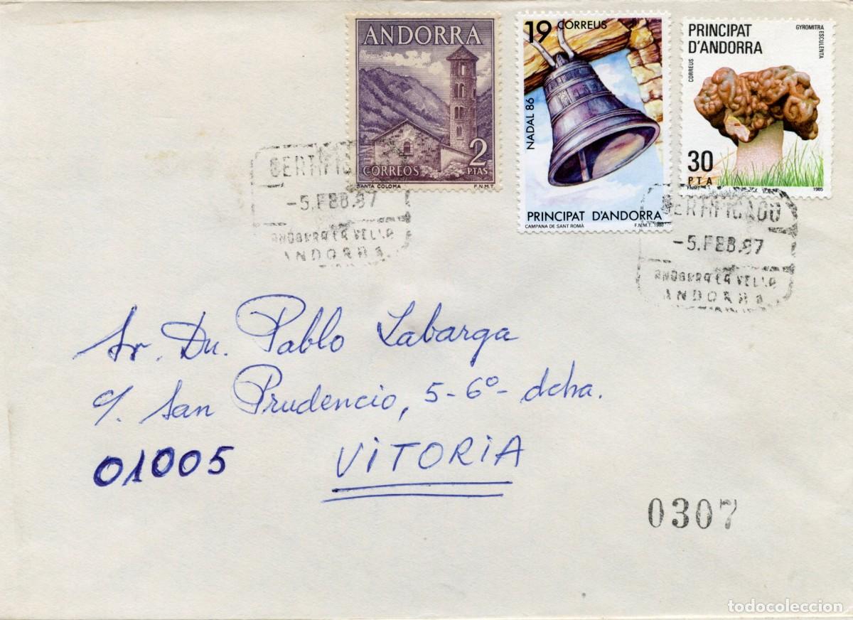 Sellos: ANDORRA. H&ordf; POSTAL MODERNA. SOBRE CERTIFICADO DE ANDORRA LA VELLA A VITORIA 5 FEB 87