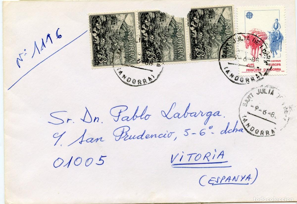 Sellos: ANDORRA. H&ordf; POSTAL MODERNA. SOBRE CERTIFICADO DE SANT JUL&Ntilde;I&Agrave; DE L&Ograve;RIA A VITORIA 9 JUN 88