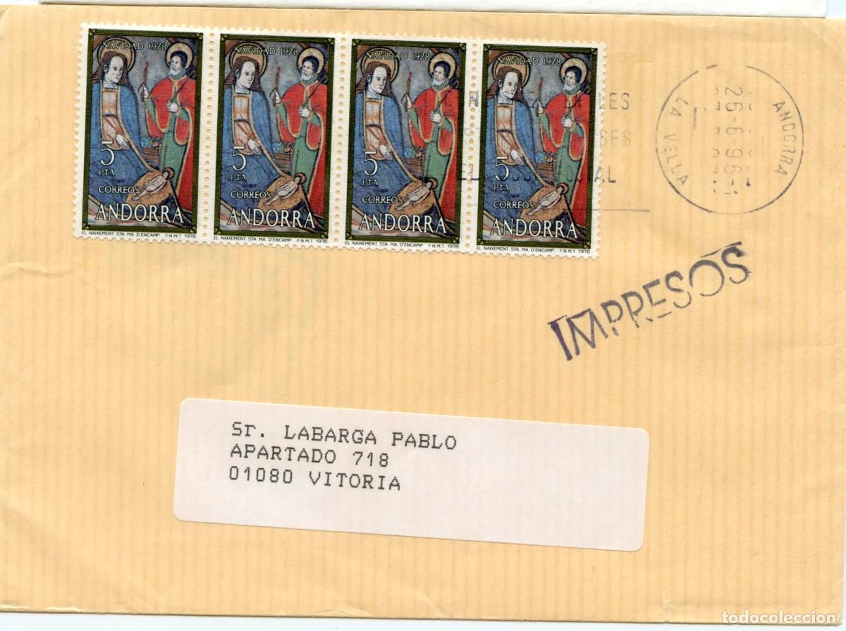Sellos: ANDORRA. H&ordf; POSTAL MODERNA. SOBRE CON MATASELLOS DE RODILLO DE ANDORRA LA VELLA A VITORIA 26.6.96
