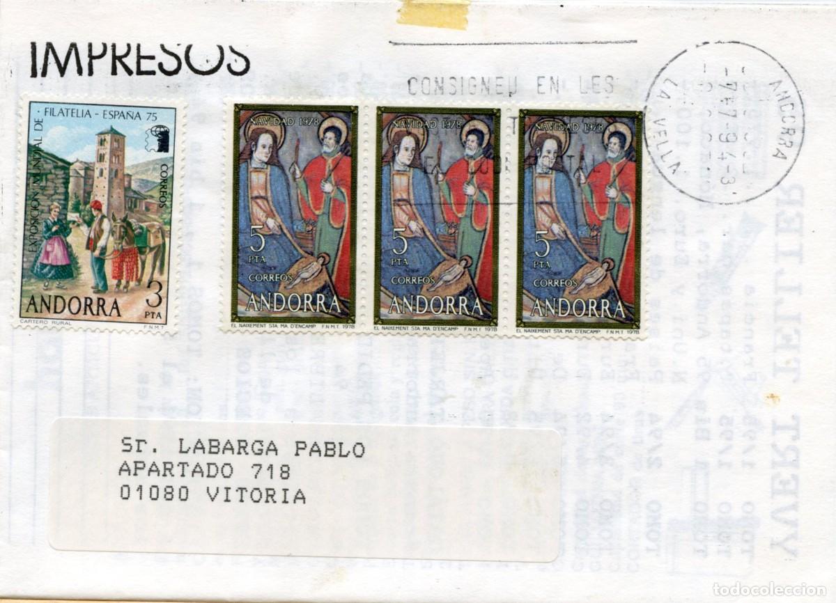 Sellos: ANDORRA. H&ordf; POSTAL MODERNA. SOBRE CON MATASELLOS DE RODILLO DE ANDORRA LA VELLA A VITORIA 7.7.94
