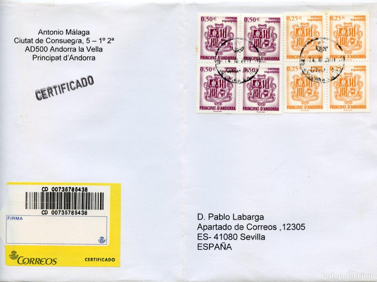 Sellos: ANDORRA. H&ordf; POSTAL MODERNA. CERTIFICADO DE ANDORRA LA VELLA A VITORIA 14 JUL 2011. DOS BLOQUES DE 4