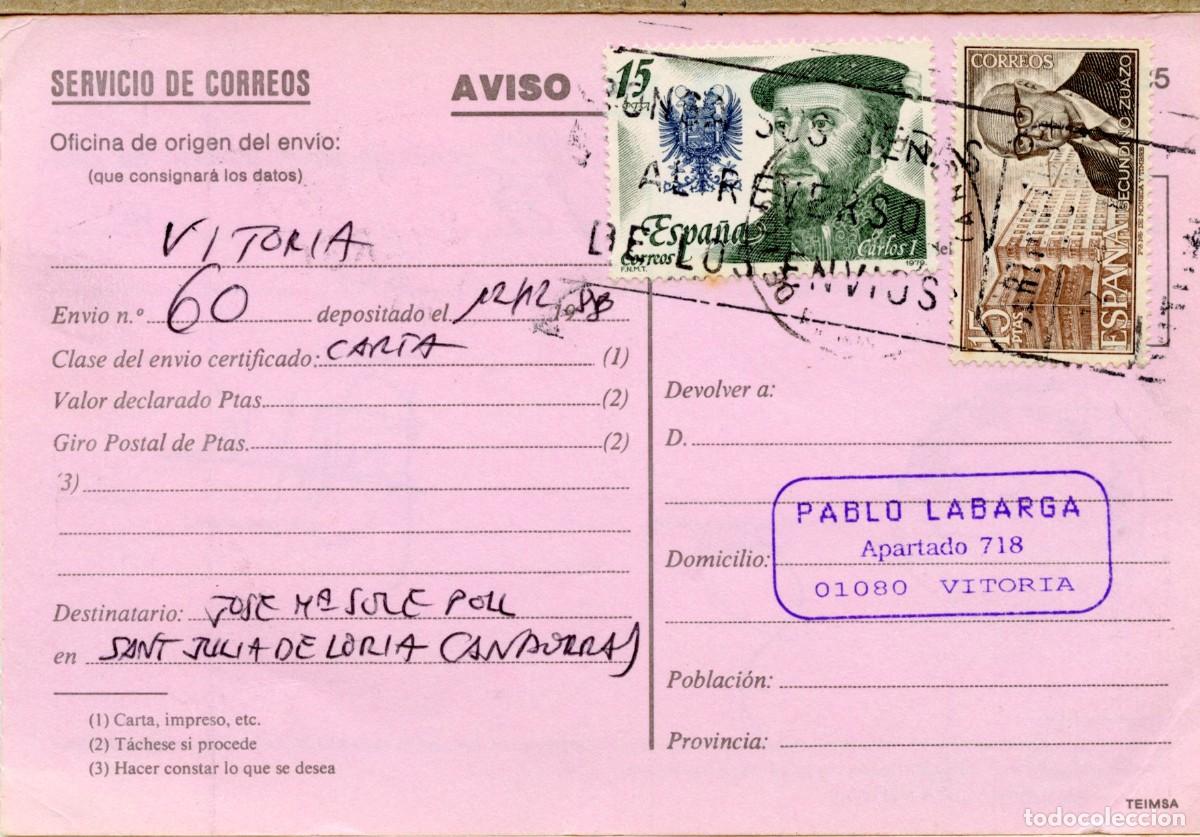 Sellos: ANDORRA. H&ordf; POSTAL MODERNA. ACUSE DE RECIBO DE VITORIA 12 DIC 88 A SANT JULI&Agrave; DE L&Ograve;RIA