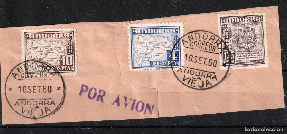 Selos: Andorra Espa&ntilde;ola edf lote de tres sellos ,los mas importantes,sobre fragmento.1948-53