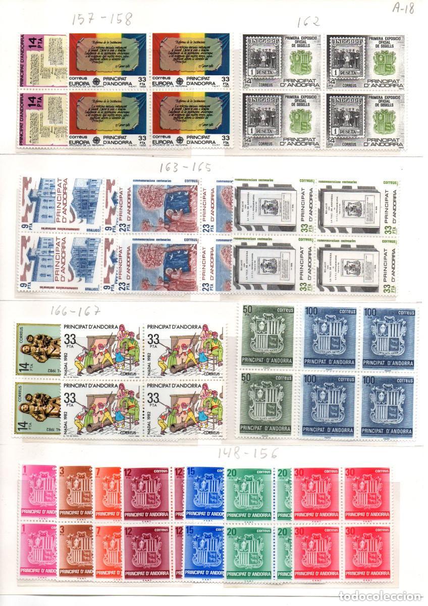 Sellos: ANDORRA ESPA&Ntilde;OLA EDIFIL 148/67** NUEVOS SIN CHARNELA. A&Ntilde;O 1982 COMPLETO. BLOQUE DE CUATRO