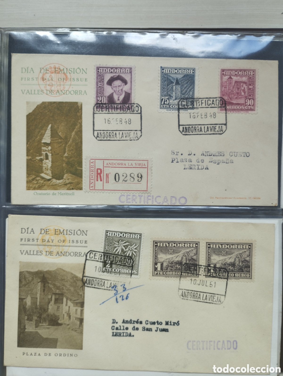 Sellos: Album con 58 sobres de primer d&iacute;a Andorra del 1948 - 1988 sin repetir