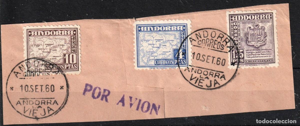 Sellos: Andorra Espa&ntilde;ola lote de tres sellos clave sobre fragmento.Serie de 1948-53