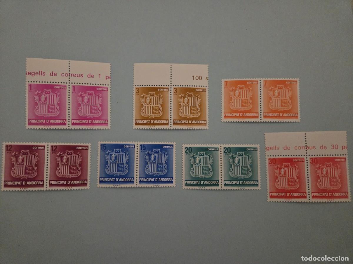 Sellos: Siete sellos Andorra B&aacute;sica con escudo nacional de 1,3,7,12,15,20 y 30. A&ntilde;o 1988