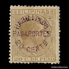 Sellos: FILIPINAS. 1886.ALFONSO XII. 2 4/8 S 20C S 20 C SEPIA OLIVA. HABILITADO PASAPORTES.EDIF 65 NUEVO. Lote 137254442