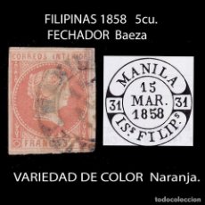 Sellos: FILIPINAS.1858.ISABEL II.5CU VARIEDAD COLOR NARANJA.FECHADOR MANILA.TIPO BAEZA.EDIFIL 7B