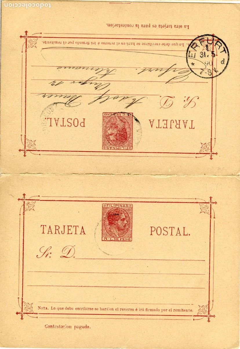 Timbres: FILIPINAS. TARJETA ENTERO-POSTAL DOBLE CIRCULADA A ERFURT (ALEMANIA) LLEGADA 31.05.1890