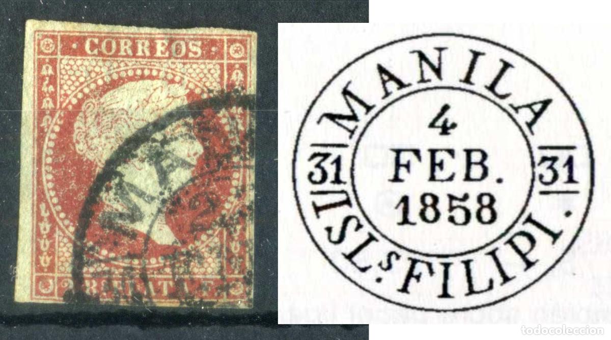 Sellos: XS- FILIPINAS MUY RARO 2 Reales Antillas con Matasellos de MANILA Edifil 6b