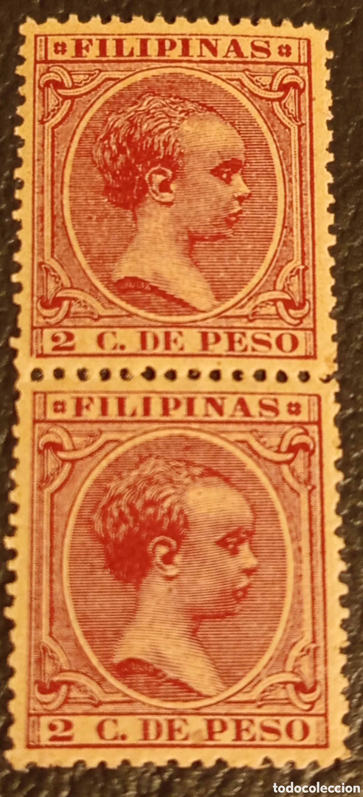 Sellos: Pareja Vertical Filipinas 1894 - Alfonso XIII &rdquo;Pel&oacute;n&rdquo; - 2 c. de Peso - Edifil 110 - MNH