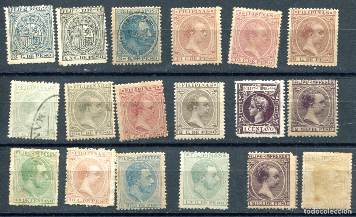 Sellos: 18 sellos diferentes de Filipinas, colonia espa&ntilde;ola. Ver descripci&oacute;n.