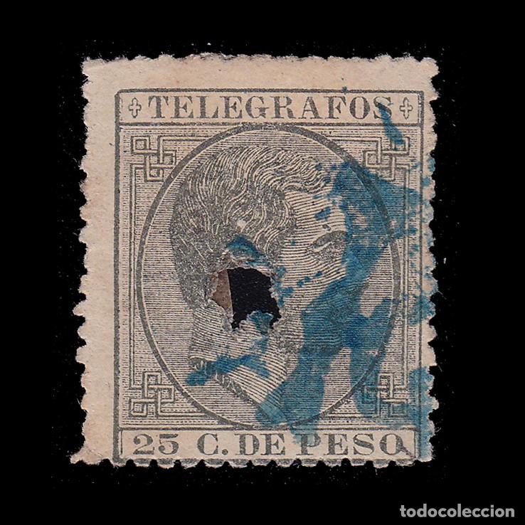 Sellos: Filipinas.Tel&eacute;grafos. 1886-88. ALFONSO XII. 25 ct. Edifil 17. Taladro + OBSEQUIO