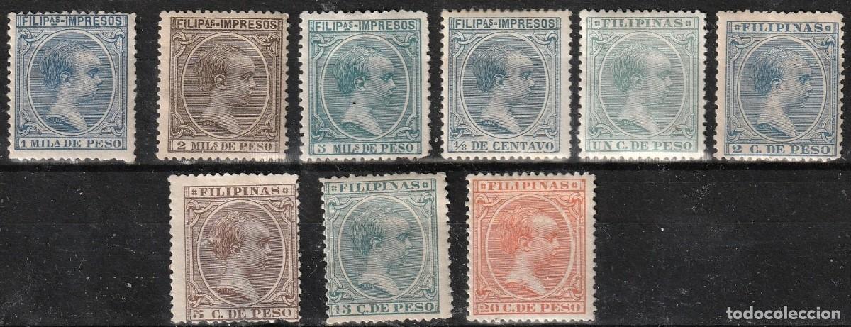 Sellos: Filipinas Espa&ntilde;olas lote de 9 sellos de la misma serie de 1896/97.Con fijasellos.Alfonso XIII.