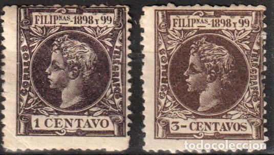 Sellos: Filipinas Espa&ntilde;olas edf n&ordm;136 y 138.Violeta oscuro y casta&ntilde;o.1 y 3ct.Sellos con charnela.1898- 99