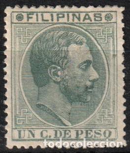 Selos: Filipinas Espa&ntilde;olas edf n&ordm;72 Verde grisaceo 1c.Sello nuevo con charnela MH.Alfonso XII 1886-89