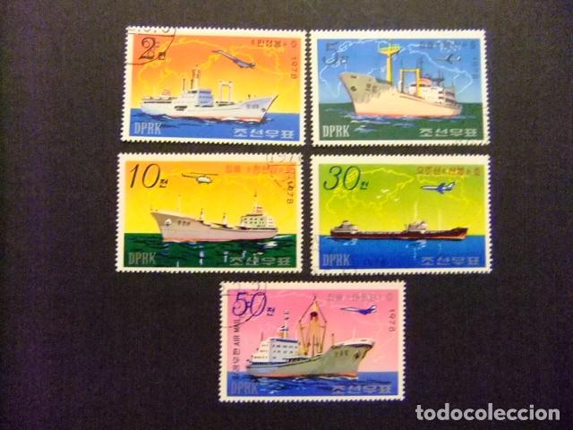 Sellos: 57 COREA del NORTE 1978 / TRANSPORTE NAVEGACI&Oacute;N BARCOS y AVIONES / YVERT 1490 / 1493 + PA 8 FU
