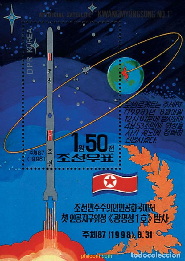 Sellos: 81893 MNH COREA DEL NORTE 1998 LANZAMIENTO DEL KWANGMYONGSONG 1. PRIMER SATELITE ARTIFICIAL NOR-COR