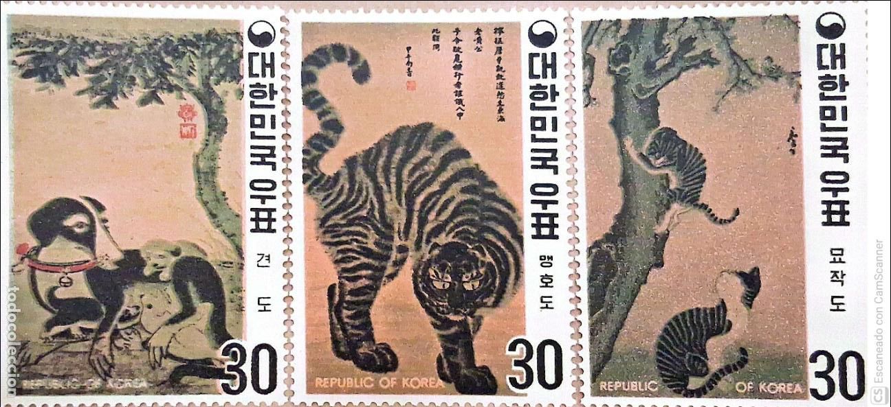 Sellos: Corea del Sur. 611/13 Cuadros de animales de la dinast&iacute;a Yi: Tigre y gatos. 1970. Sellos nuevos y n