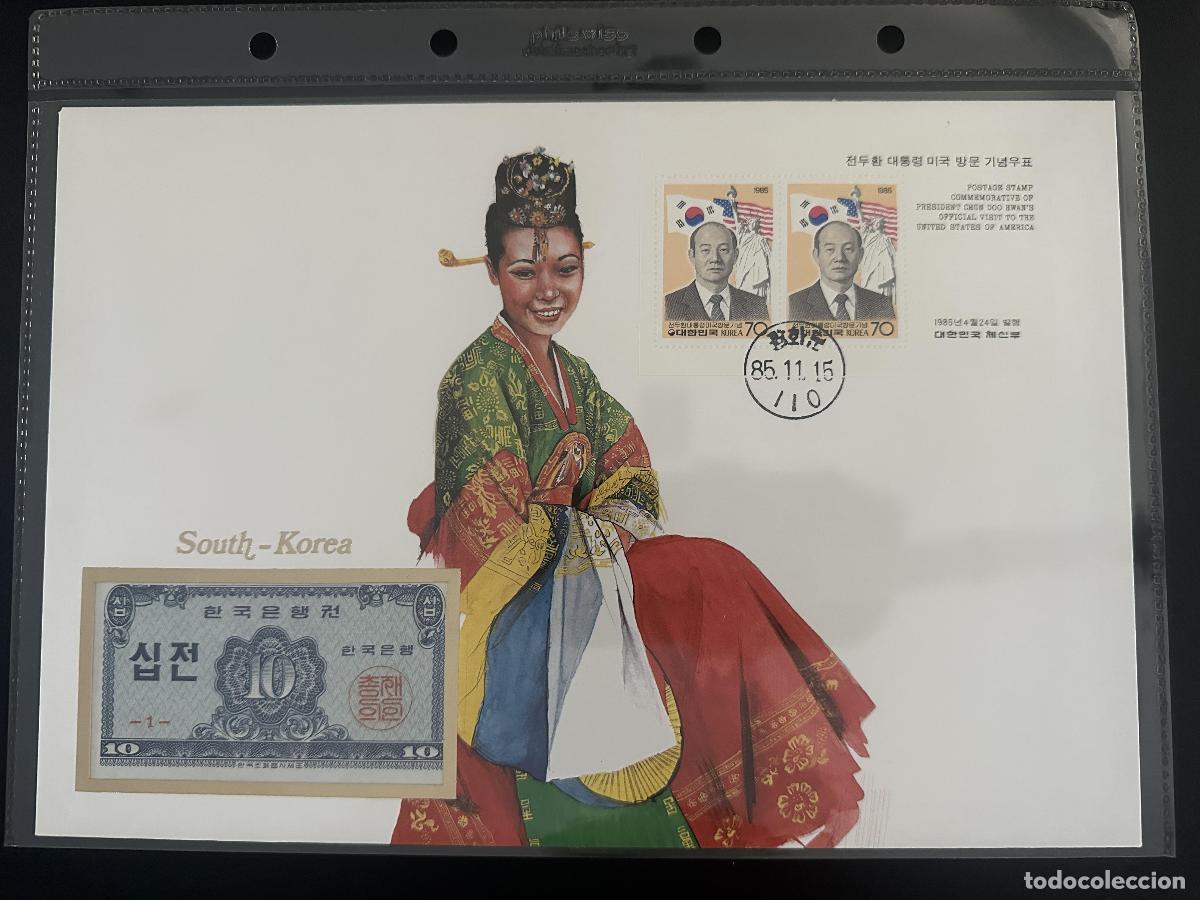 Sellos: Corea del Sur sobre numism&aacute;tico 1985 billete 10 Jeon sellos