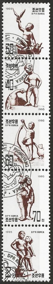 Sellos: Corea del Norte 1995 - Mi 3784 a 3788 - YT 2613 a 2617 - Esculturas de ni&oacute;os