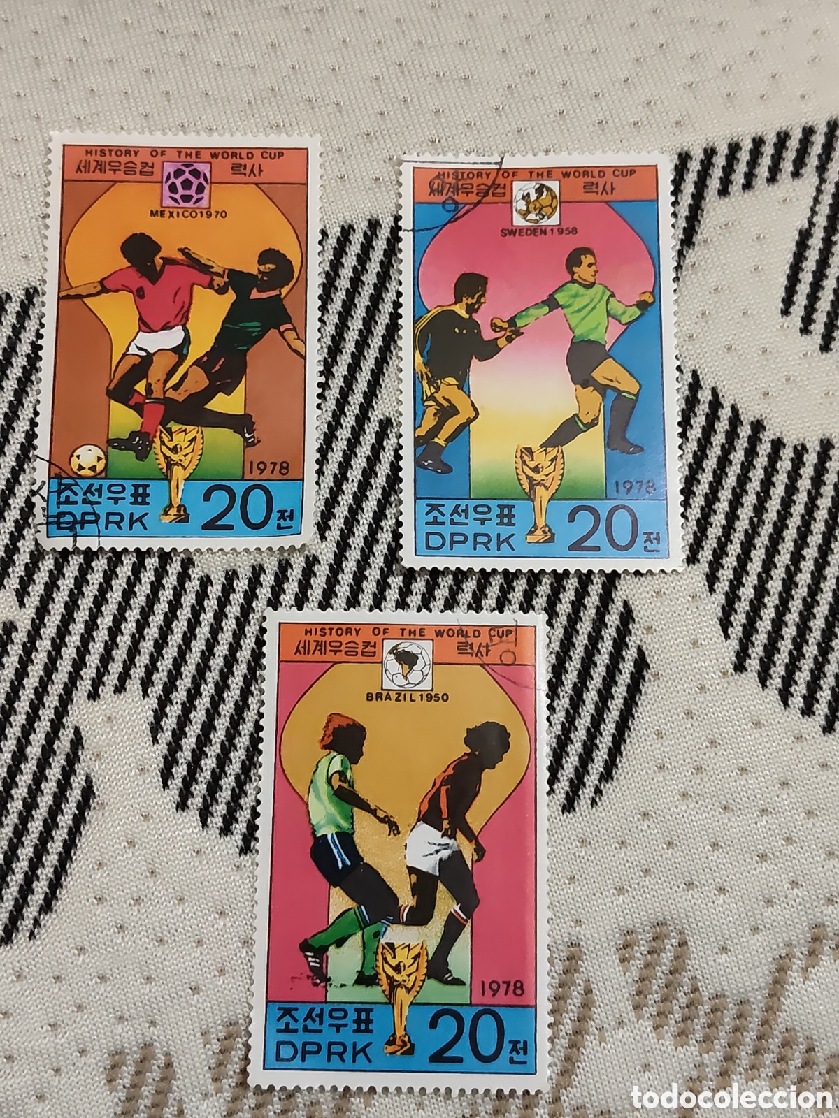 Sellos: 3 sellos de Corea del Norte mundial de F&uacute;tbol de Suecia 1958 a&ntilde;o emisi&oacute;n 1978 muy buenos