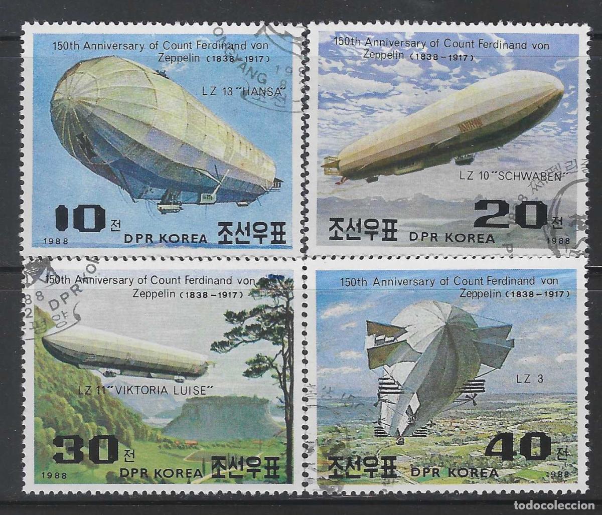 Sellos: COREA DEL NORTE 1988 - 150&ordm; ANIV, DEL NACIMIENTO DE FERDINAND VON ZEPPELIN, S.COMPLETA - USADOS