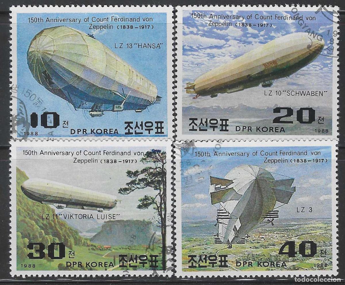 Sellos: COREA DEL NORTE 1988 - 150&ordm; ANIV. DEL NACIMIENTO DE FERDINAND VON ZEPPELIN, S.COMPLETA - USADOS