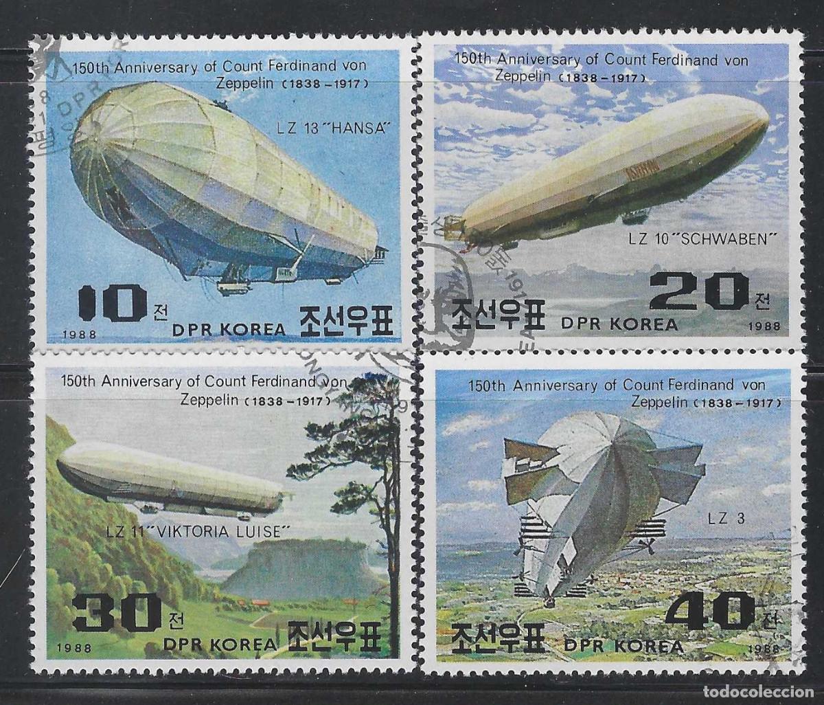 Sellos: COREA DEL NORTE 1988 - 150&ordm; ANIV. DEL NACIMIENTO DE FERDINAND VON ZEPPELIN, S.COMPLETA - USADOS