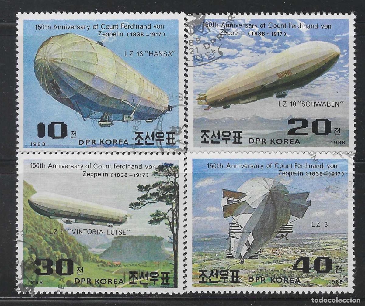 Sellos: COREA DEL NORTE 1988 - 150&ordm; ANIV. DEL NACIMIENTO DE FERDINAND VON ZEPPELIN, S.COMPLETA - USADOS