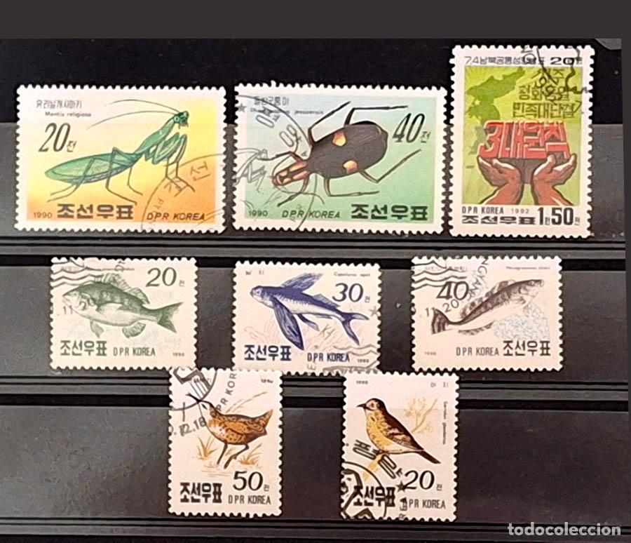 Stamps: 8 sellos de Corea del Norte - Fauna y aves