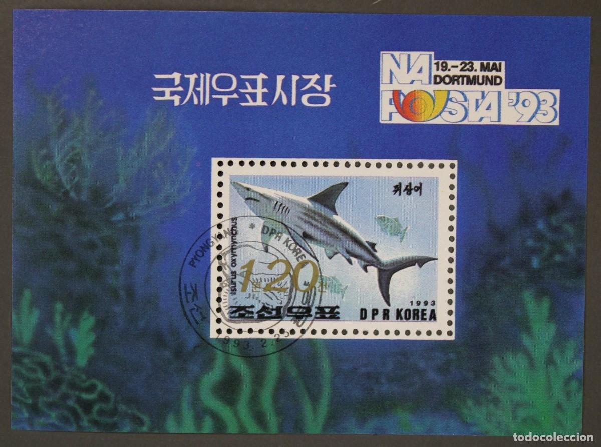 Sellos: COREA KOREA 1993 SHEET USED MNH EXPO DORTMUND NAPOSTA 93 FAUNA MARINA REQUINS SHARKS TIBURONES