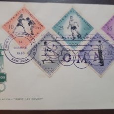 Sellos: O) 1960 COSTA RICA, OLYMPIC GAMES ROME, SOCCER PLAYER, BOXERS, BASKETBALL, BASEBALL BATTER, PISTOL