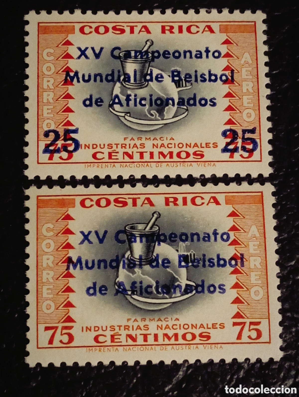 Sellos: Costa Rica 1961 B&eacute;isbol Amateur MNH - Set con Sobrecarga Cat. Scott C311-C312
