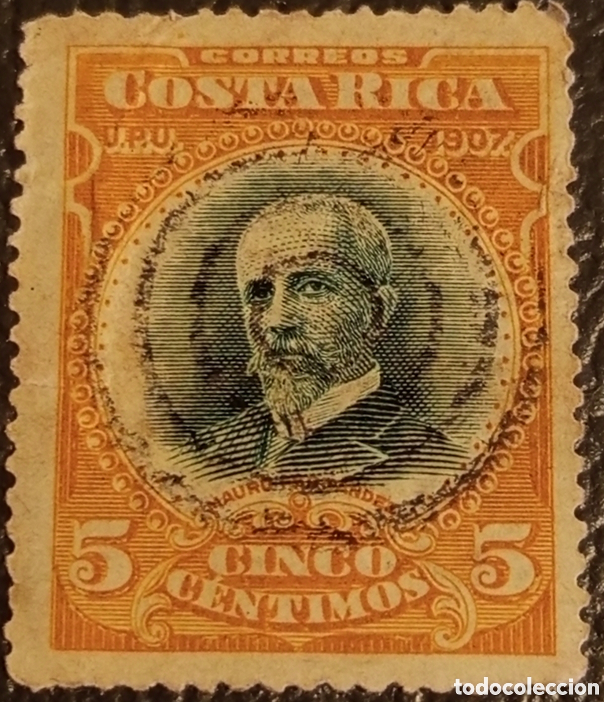 Sellos: Sello Costa Rica 1907 Mauro Fern&aacute;ndez 5c Usado Scott #62 Matasellos C&iacute;rculos