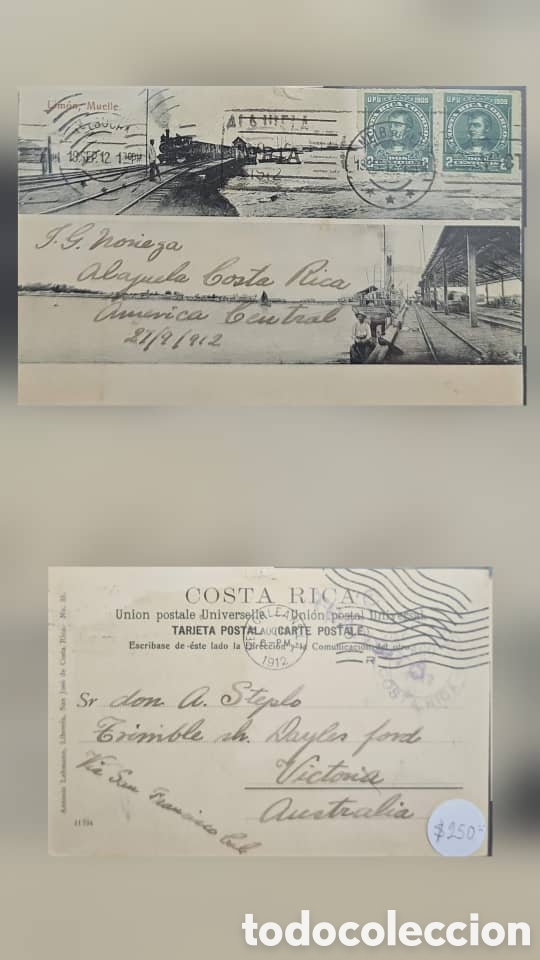 Sellos: CA) Costa Rica (Sent to Victoria, Australia).1912. Postal History / Railway and Port Views (Port of